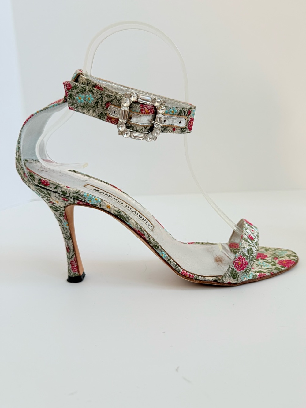 Vintage Manolo Blahnik Chaos Floral Brocade Crystal Buckle Heels Sandals 38 Y2K